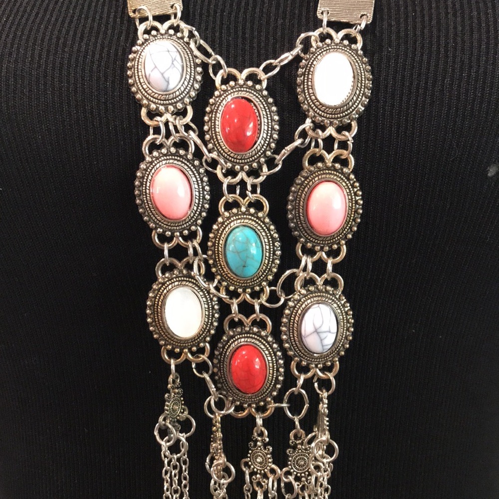 Bohemian Silver Tassel Necklace Maxi Gypsy Ethnic Blue Stone Collar Collier - Picture 3 of 9